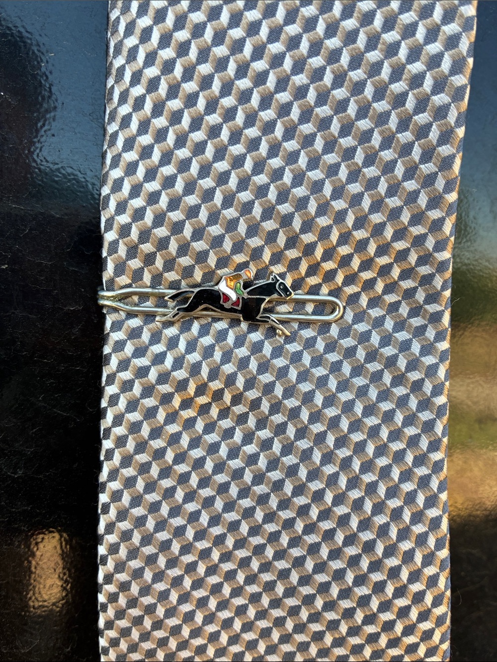 Vintage Silver Tone Horse & Jockey Enamel Tie Clip Bar